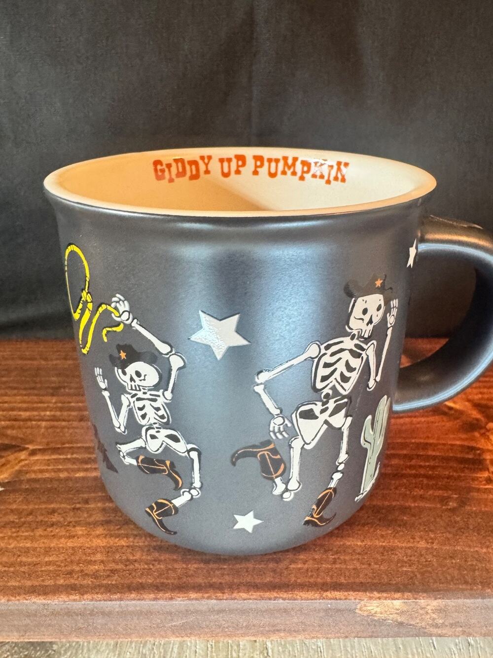 Giddy Up Pumpkin Halloween Coffee Mug Cup Black w/ Skeleton Pumpkin Ghost 16+ Oz